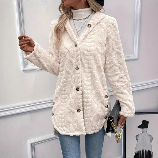 Damen Plüschjacke mit Kapuze und Knopfverschluss R&B