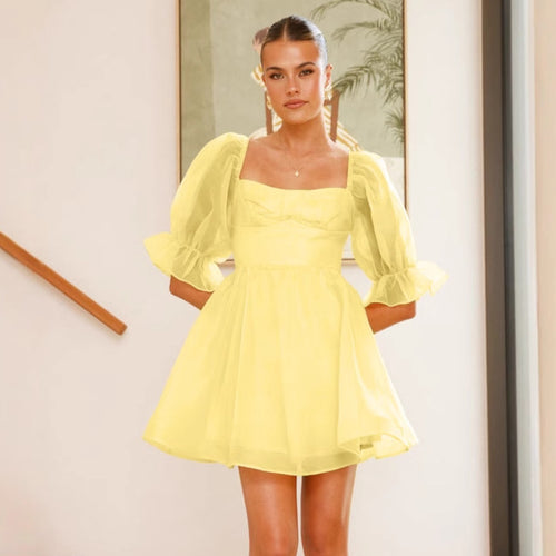 Damen Verspieltes Kurzkleid mit Puffärmeln und quadratischem Ausschnitt R&B