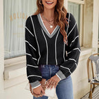 Damen Großer Strickpullover im lässigen Oversized-Stil mit V-Ausschnitt und Streifenmuster R&B