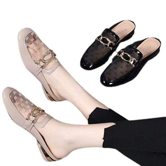 Damen elegante Mules mit transparentem Obermaterial und gildenen Akzenten R&B