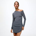 Damen Elegantes figurbetontes Kleid mit asymmetrischem Ausschnitt und langen Ärmeln R&B