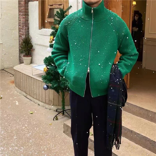 Herren hochwertige Strickjacke mit hohem Kragen und praktischen Reißverschluss R&B