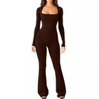 Damen Eleganter Langarm-Jumpsuit mit weitem Bein und tiefem Ausschnitt R&B