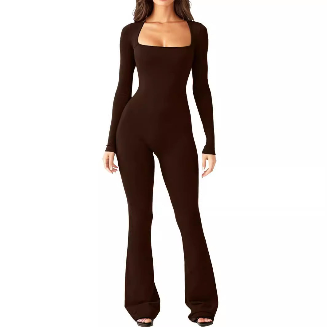 Damen Eleganter Langarm-Jumpsuit mit weitem Bein und tiefem Ausschnitt R&B