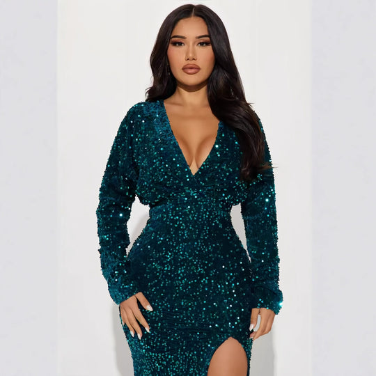Damen Glamouröses Pailletten-Maxikleid mit tiefem V-Ausschnitt und eleganten Ärmelverzierungen R&B