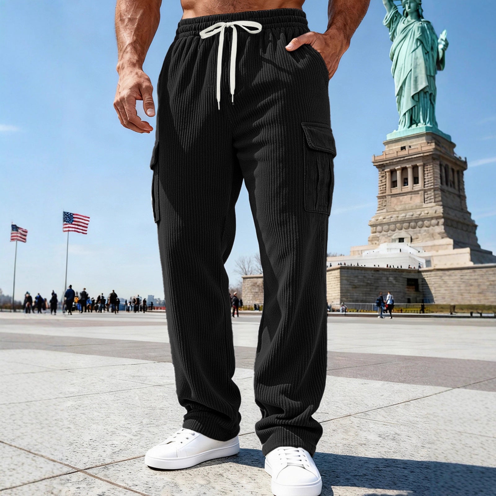 Herren nan gerippte Cargo-Jogginghose mit elastischem Tunnelzugbund und seitlichen Pattentaschen R&B