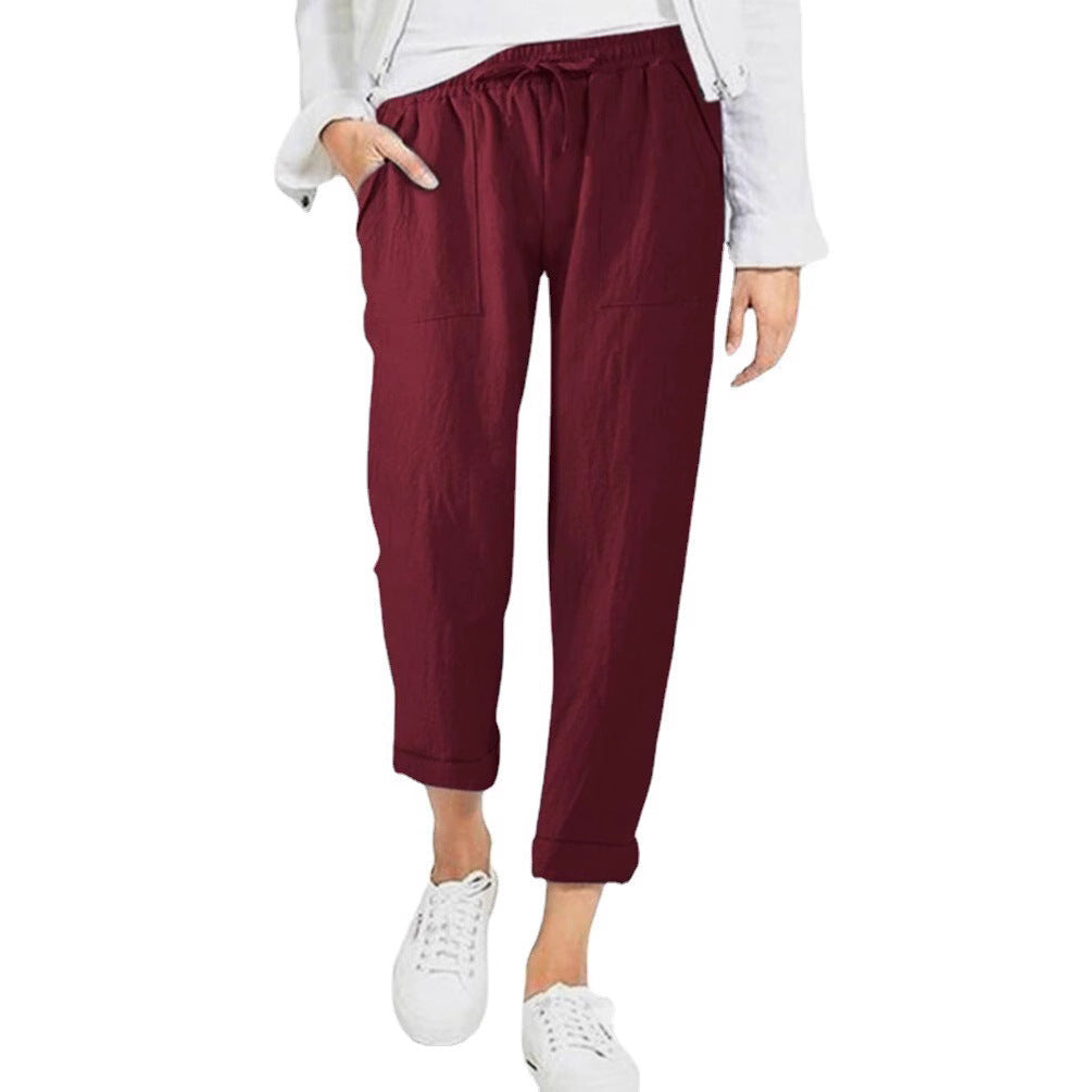 Damen entspannte Leinenhose mit elastischem Bund und praktischen Taschen R&B