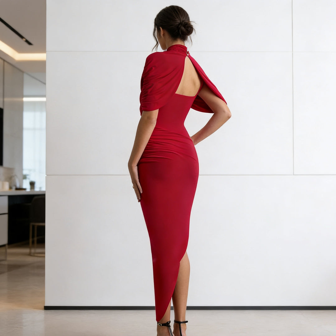 Damen Elegantes Drapiertes Maxikleid mit hohem Kragen und seitlichem Schlitz R&B