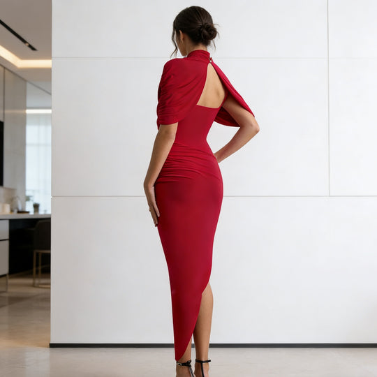 Damen Elegantes Drapiertes Maxikleid mit hohem Kragen und seitlichem Schlitz R&B