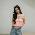 Damen Crop-Top mit Spitzenärmel und figurbetontem Schnitt R&B