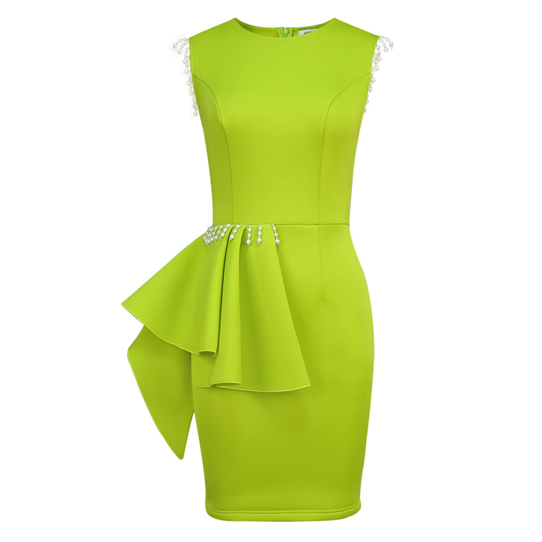 Damen skulptiertes Kleid mit asymmetrischem Volant und Perlenakzenten R&B