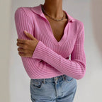 Damen Eleganter, gerippter Pullover mit tiefem V-Ausschnitt R&B
