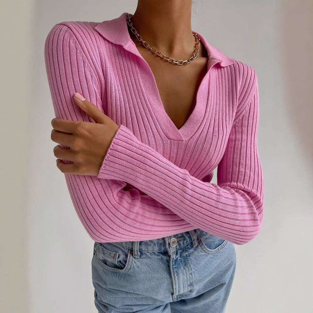 Damen Eleganter, gerippter Pullover mit tiefem V-Ausschnitt R&B
