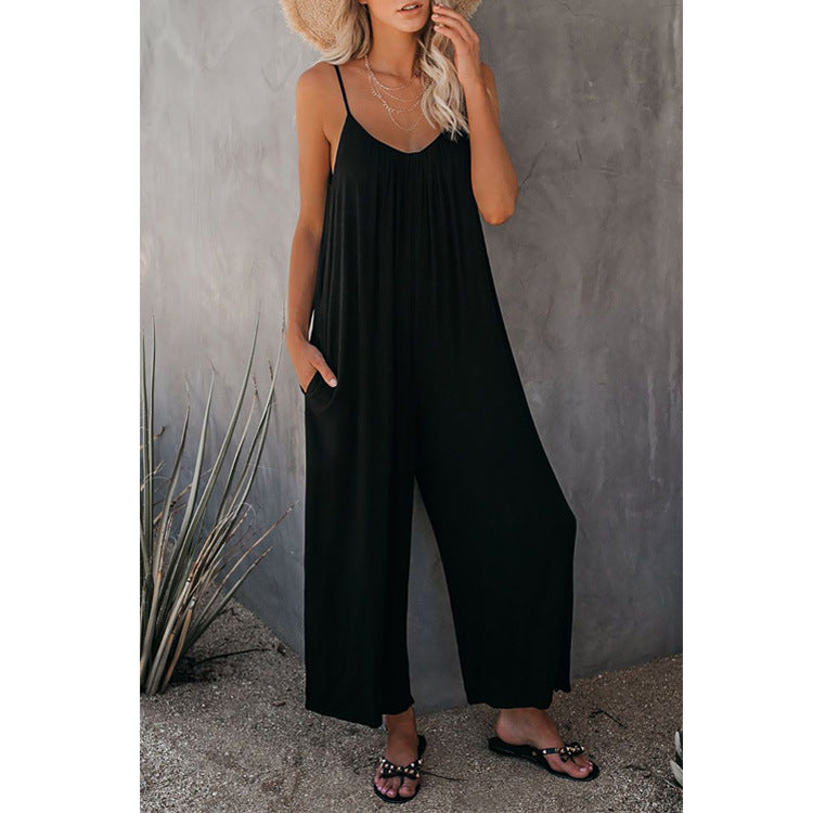 Damen Lässiger Sommer-Jumpsuit mit tiefem Ausschnitt und praktischen Taschen R&B