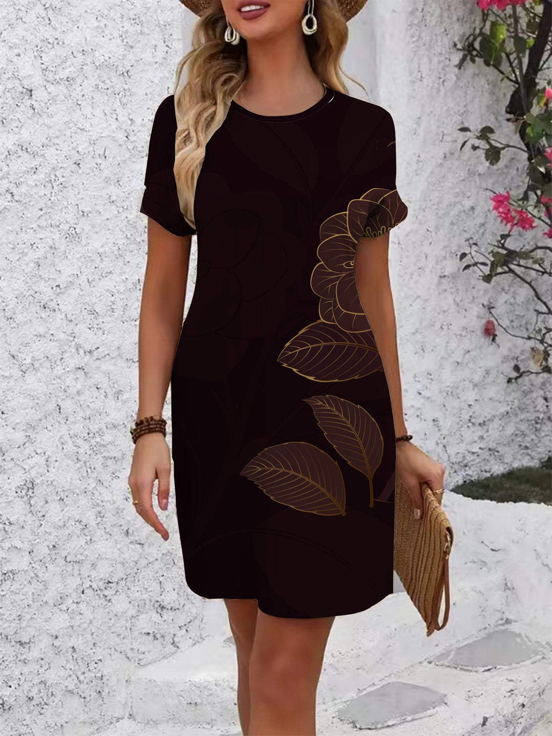 Damen Kurzarm Kleid mit floralem Linienmuster R&B