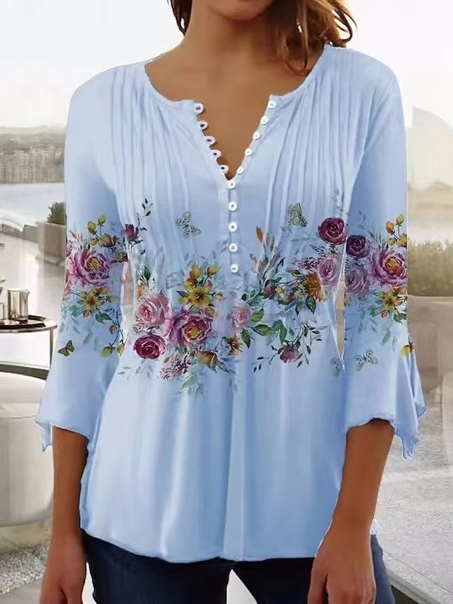 Damen nan luftige Tunika-Bluse mit Aquarell-Blumenbordüre, Kellerfalten und Dreiviertelärmeln R&B