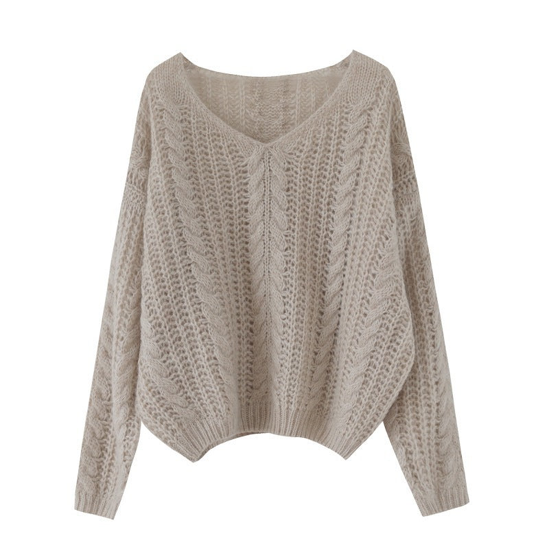 Damen Grobstrickpullover mit V-Ausschnitt und luftiger Struktur R&B