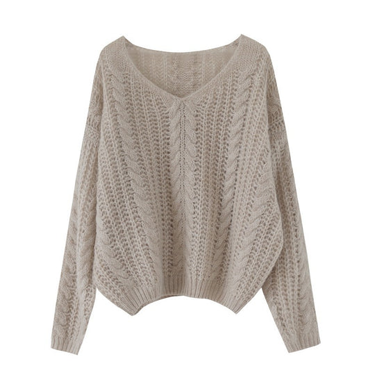 Damen Grobstrickpullover mit V-Ausschnitt und luftiger Struktur R&B