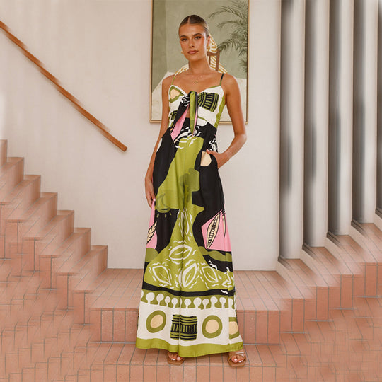 Damen Maxikleid im lebhaften Druckdesign mit schulterfreiem Schnitt und eleganten Trägern R&B