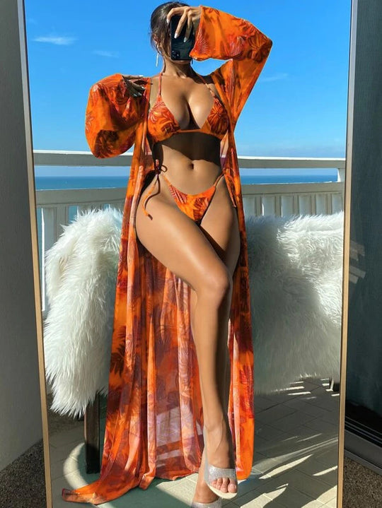 Damen Bikini-Set mit transparentem Kaftan und floralem Design R&B