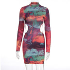 Damen figurbetontes Cut-Out Kleid mit hochgeschlossenem Kragen und luxuriösem Muster R&B