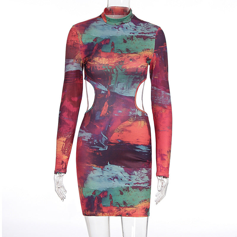 Damen figurbetontes Cut-Out Kleid mit hochgeschlossenem Kragen und luxuriösem Muster R&B
