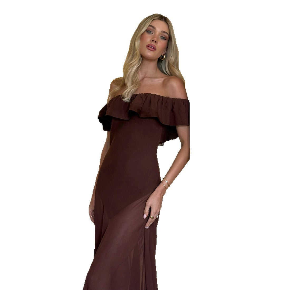 Damen Offshoulder Maxikleid mit voluminösem Rüschensaum R&B