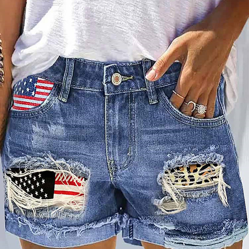 Damen Denim-Shorts mit einzigartigem Flaggen-Design und modischen Rissen R&B