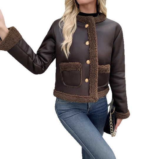 Damen Kurz geschnittene Texturjacke mit verdeckten Knöpfen und Taschen R&B