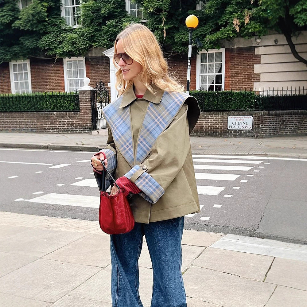 Damen modische Oversized Jacke mit kariertem Kragen R&B