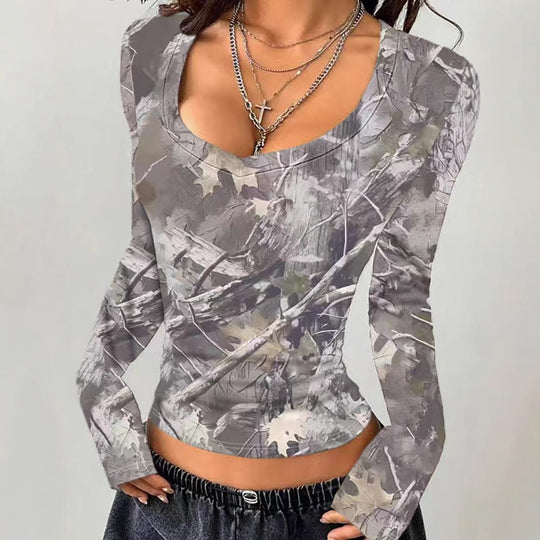 Damen Camouflage Langarmshirt mit V-Ausschnitt und modernen Details R&B