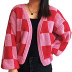 Damen lässige Strickjacke mit Karomuster und voluminösen Ärmeln R&B