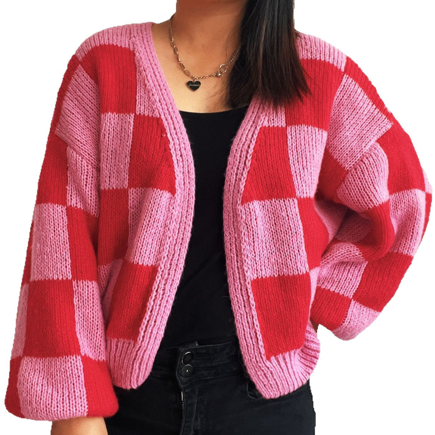 Damen lässige Strickjacke mit Karomuster und voluminösen Ärmeln R&B
