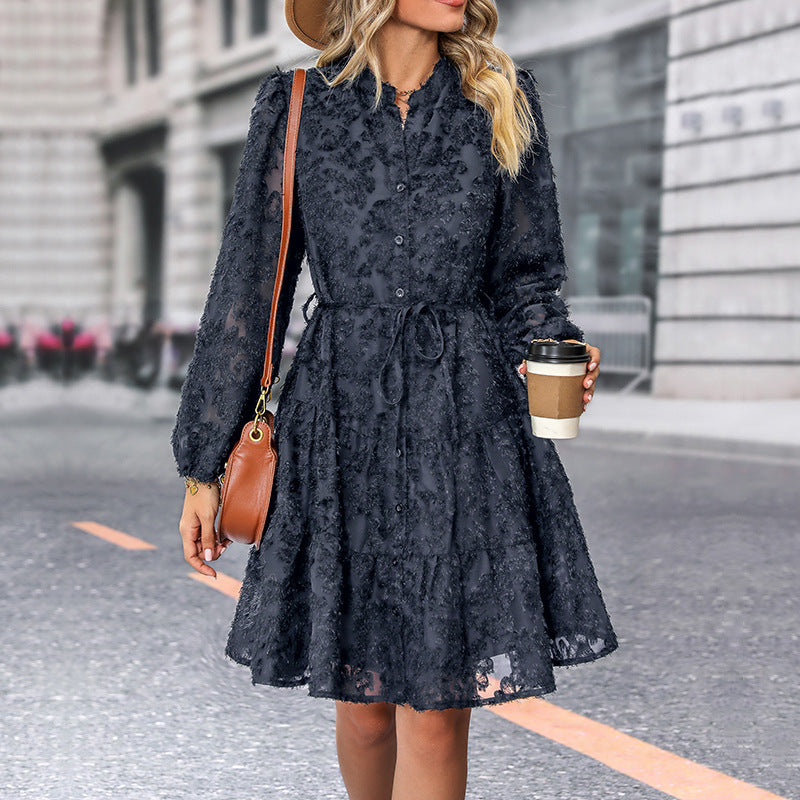 Damen Kleid im romantischen Boho-Stil mit Knopfverschluss und Bindegürtel R&B