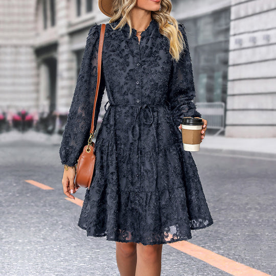 Damen Kleid im romantischen Boho-Stil mit Knopfverschluss und Bindegürtel R&B