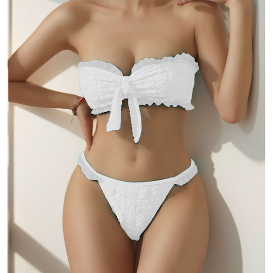 Damen Bandeau-Bikini mit modischen Rüschendetails und verstellbarem Knotendesign R&B