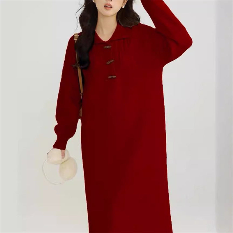 Damen Strickkleid mit Kragen und Knopfdetails R&B