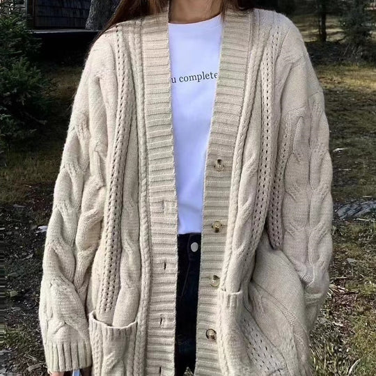 Damen Strickcardigan mit tiefem V-Ausschnitt und strukturiertem Zopfmuster R&B
