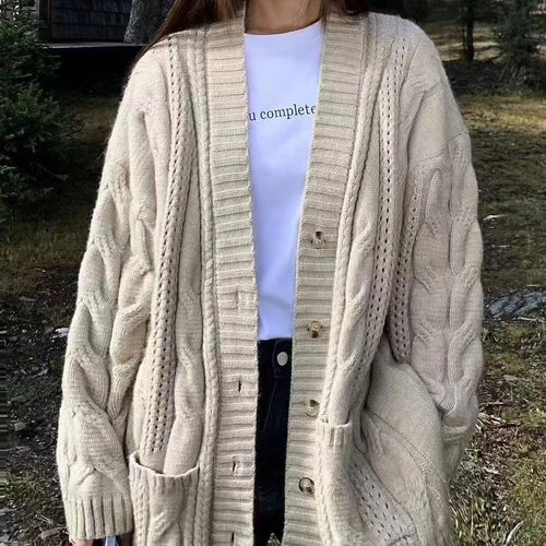 Damen Strickcardigan mit tiefem V-Ausschnitt und strukturiertem Zopfmuster R&B