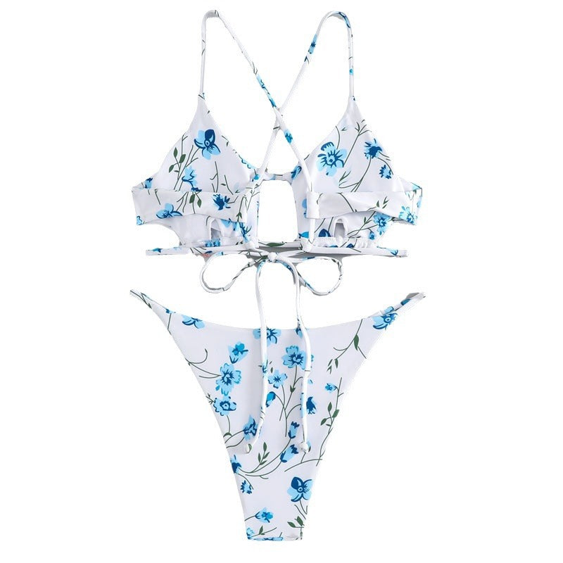 Damen Triangel-Bikini mit versetzten Trägern und floralem Muster