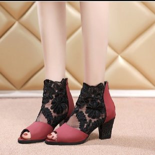 Damen Elegante Peep-Toe Stiefeletten mit Spitzeneinsatz R&B