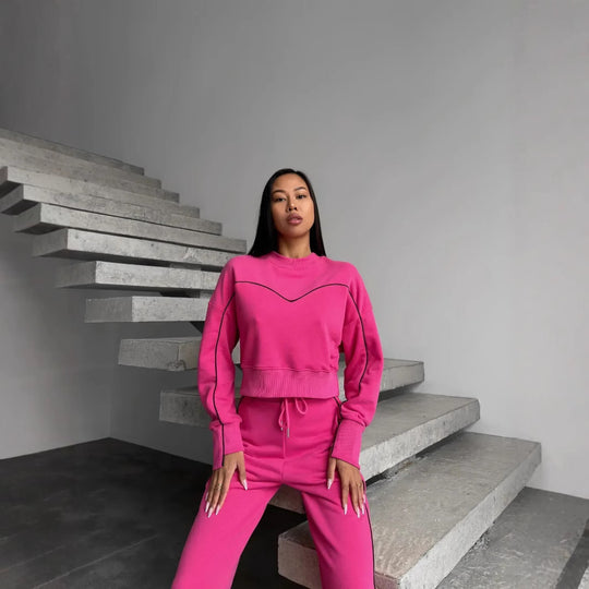 Damen lässiges Fleece-Set mit gemütlichem cropped Oberteil und weiten Hosen R&B