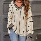 Damen grober Strickpullover mit eleganter V-Ausschnittgestaltung und modischem Streifenmuster