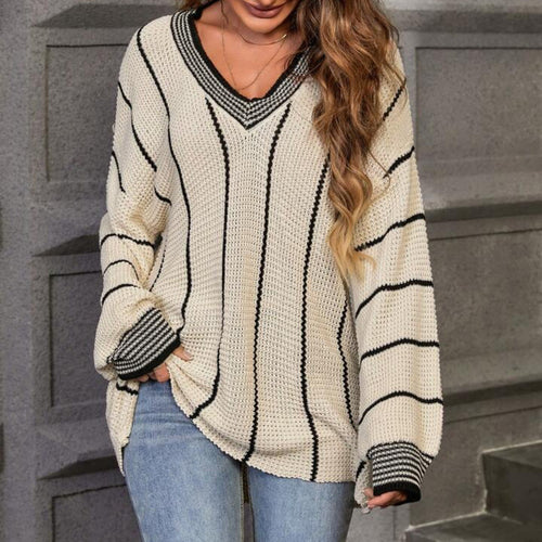 Damen grober Strickpullover mit eleganter V-Ausschnittgestaltung und modischem Streifenmuster R&B