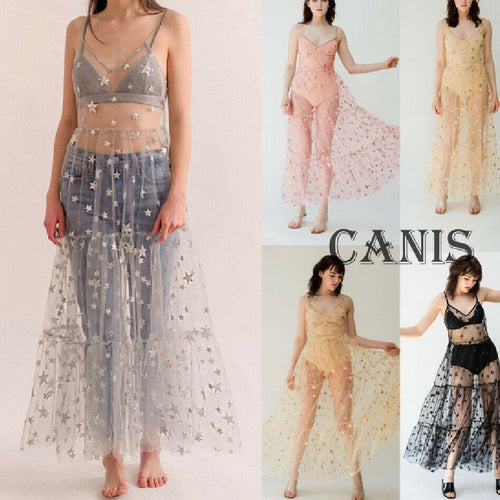 Damen Transparente Maxikleid aus Chiffon mit Sternen-Design und mehrlagigem Saum R&B