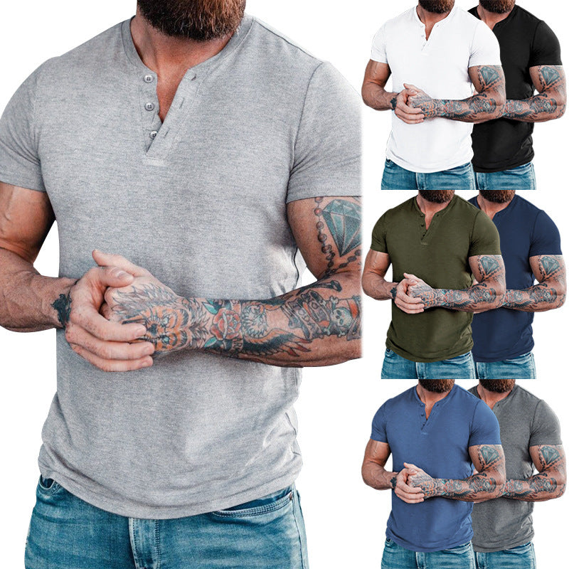 Herren nan muskelbetontes Kurzarmshirt mit Knopfleiste und V-Ausschnitt aus Baumwollstretch R&B