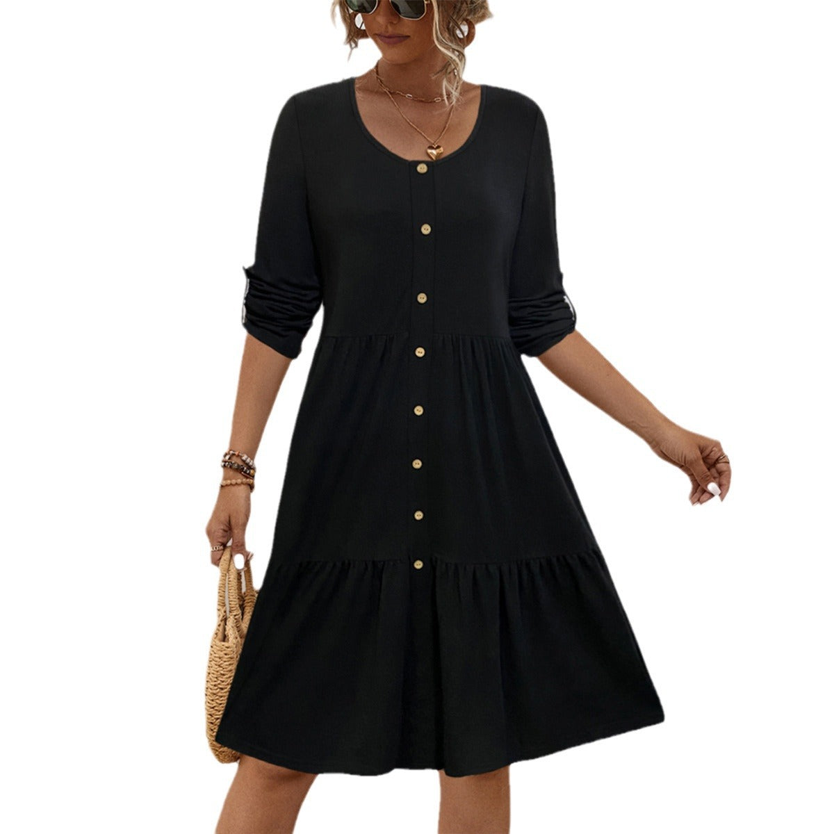 Damen Midi-Kleid mit eleganter Knopfleiste und luftiger A-Linien-Silhouette R&B