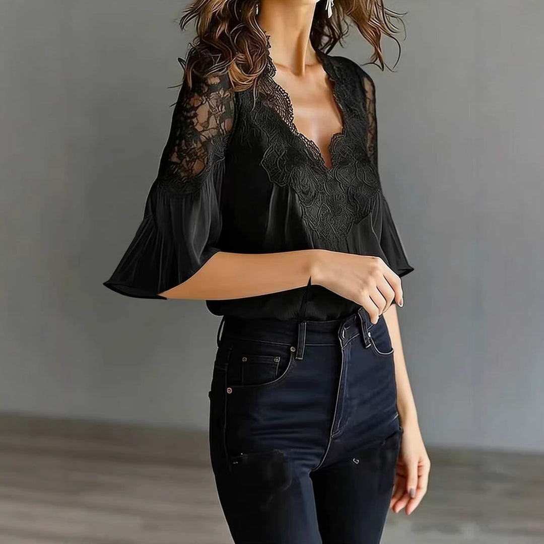 Damen elegante Bluse mit Spitzeneinsatz und Volantärmeln R&B