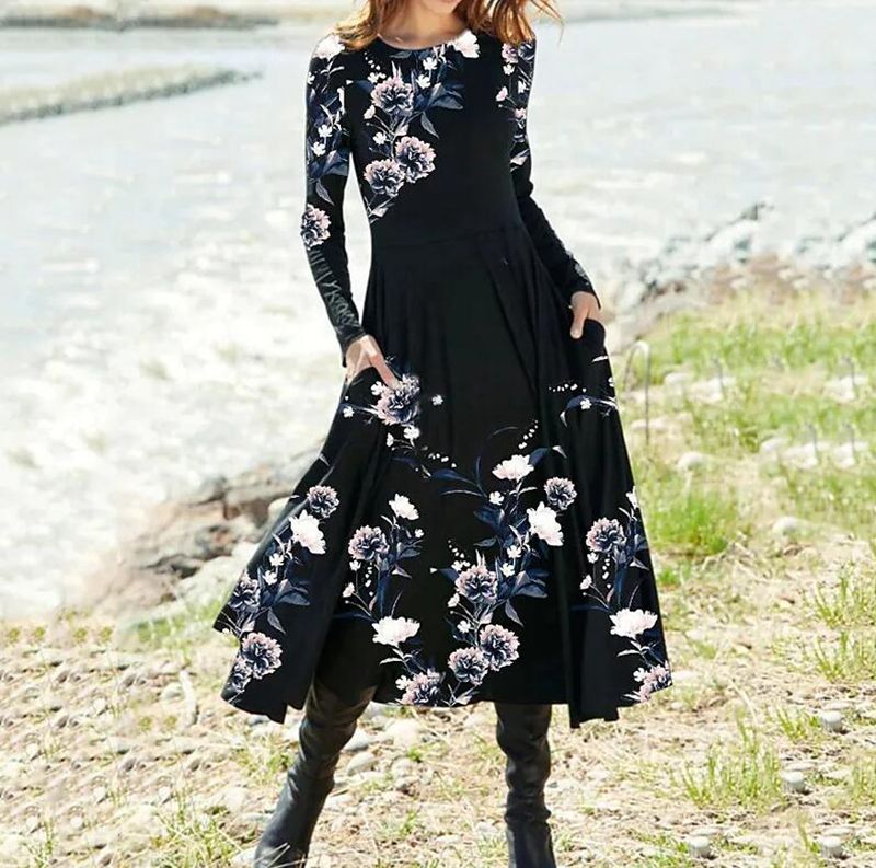 Damen nan Boho-Maxikleid mit taillierter Empire-Passe, langen Ärmeln und Seitentaschen R&B