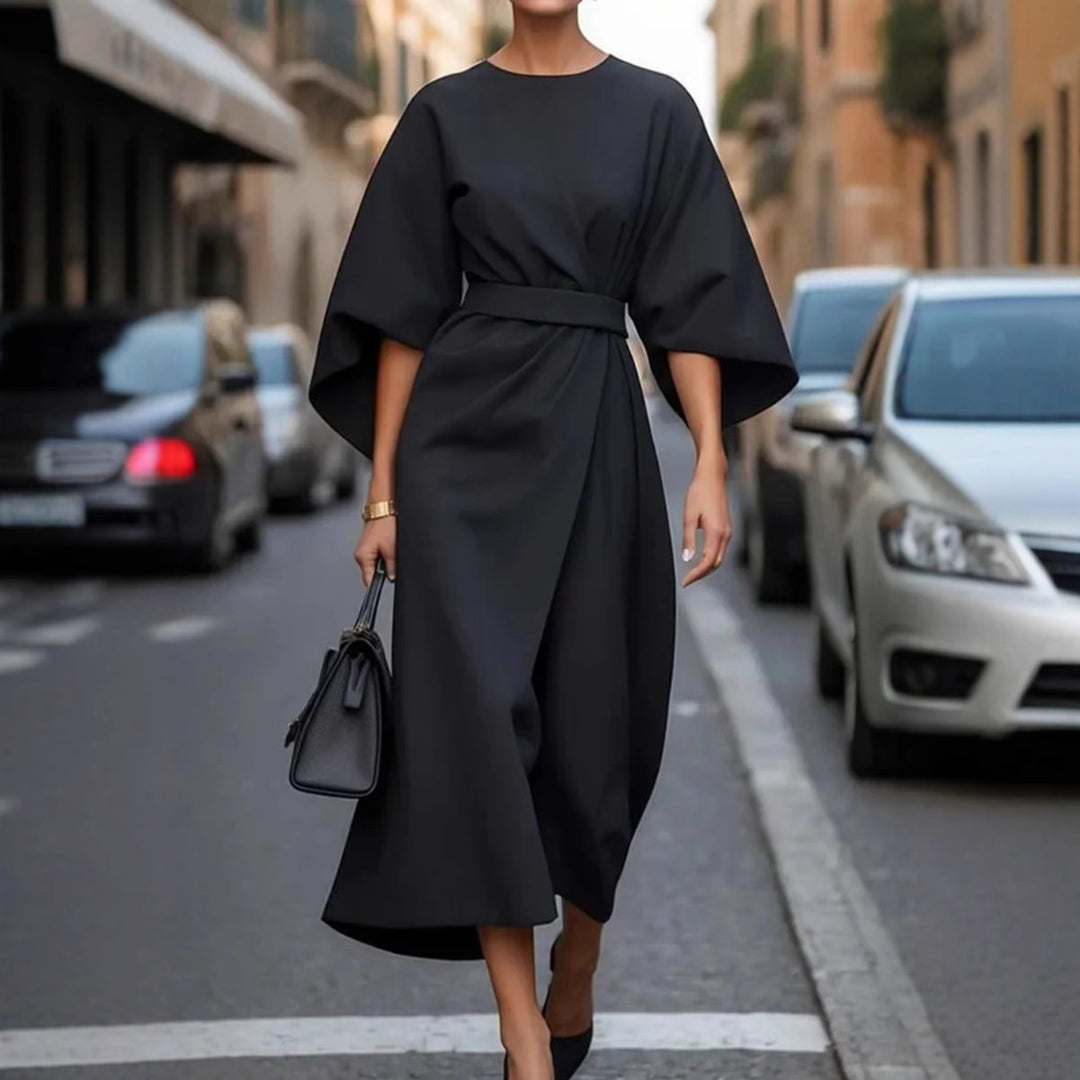 Damen Maxikleid mit eleganten Puffärmeln und Taillengürtel R&B
